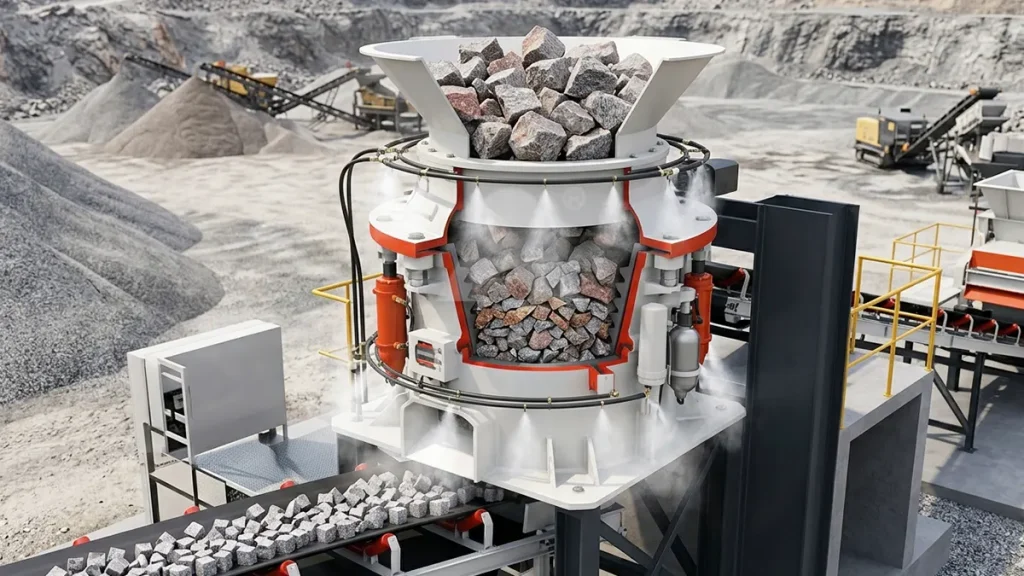 HPT300 Cone Crusher processing 180MPa granite, demonstrating inter-particle lamination crushing with minimal dust generation.