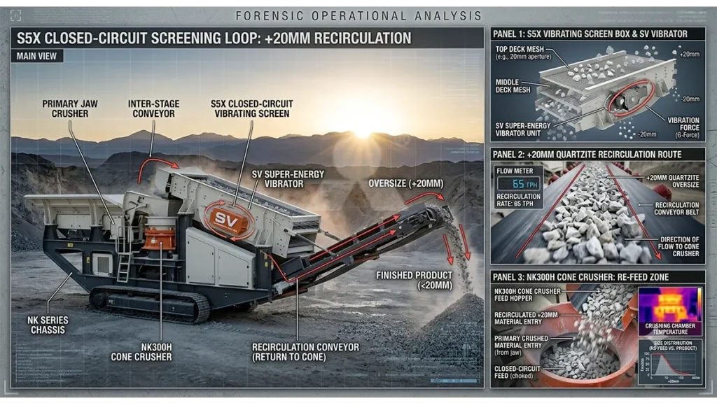 Forensic operational view of the S5X closed-circuit vibrating screen mounted on an NK series chassis, actively routing +20mm quartzite back to the cone crusher