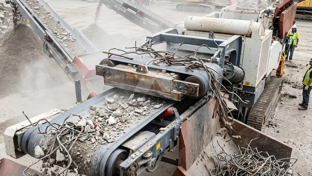 Self-cleaning magnetic separator positioned over the main discharge belt of a tracked mobile crusher, actively pulling twisted rebar out of the crushed concrete stream