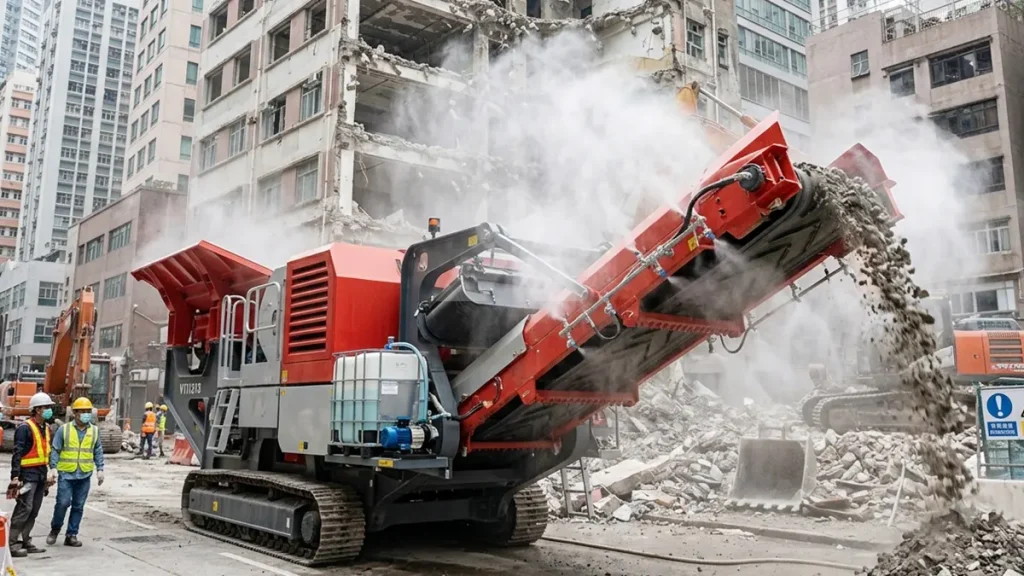 High-pressure atomized misting system actively suppressing silica dust at the discharge conveyor of a VTI1313 tracked mobile crusher in an urban demolition zone