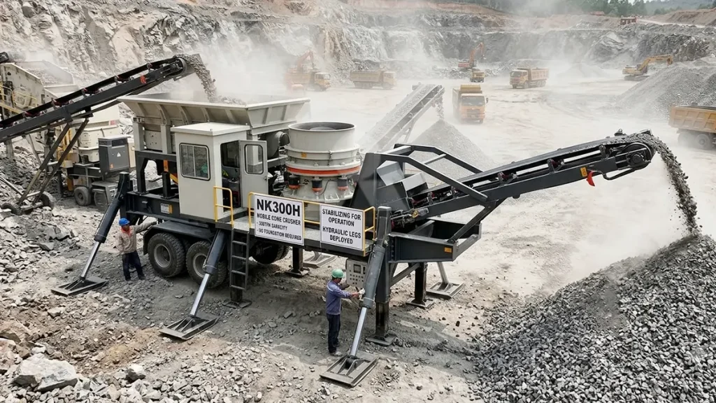 An NK300H pneumatic tire-mounted mobile cone crusher deploying its hydraulic support legs to stabilize a 300tph crushing operation without requiring a concrete foundation